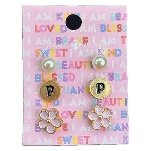 Jane Marie Set of 3 Kids Earrings Letter P Pink Flower Pearls Girls